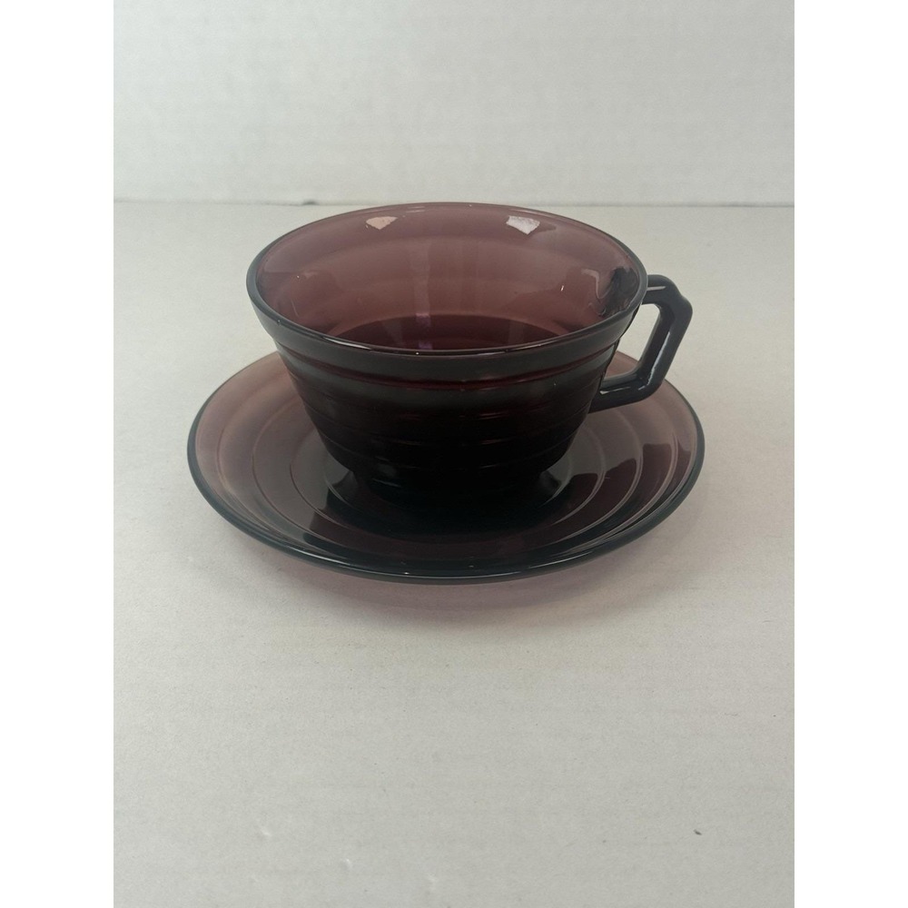Hazel Atlas Moderntone Amethyst Purple Cup & Saucer Mid Century Depression Glass
